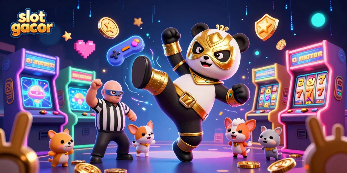 Experience the thrill of slot gacor with animated characters in a dynamic casino scene filled with glowing game elements.