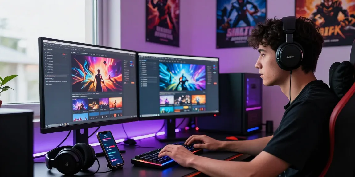 Engaged gamer using cika4d login on a dual-monitor setup in a vibrant gaming space.