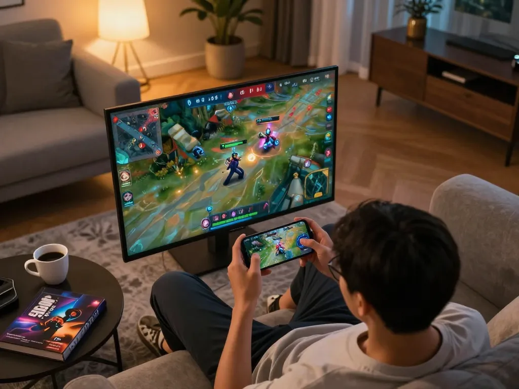 Players enjoying thrilling idle-RPG gameplay on their smartphone in a stylish living room, ropatendidafanzine