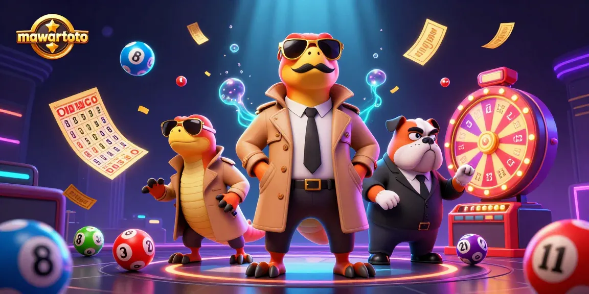 Mawartoto showcases a thrilling VIP casino scene with cartoon raptors and dynamic lottery elements.