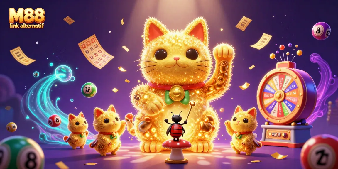 Celebrate winning with M88 link alternatif's dynamic casino symbols in a vibrant 3D illustration.