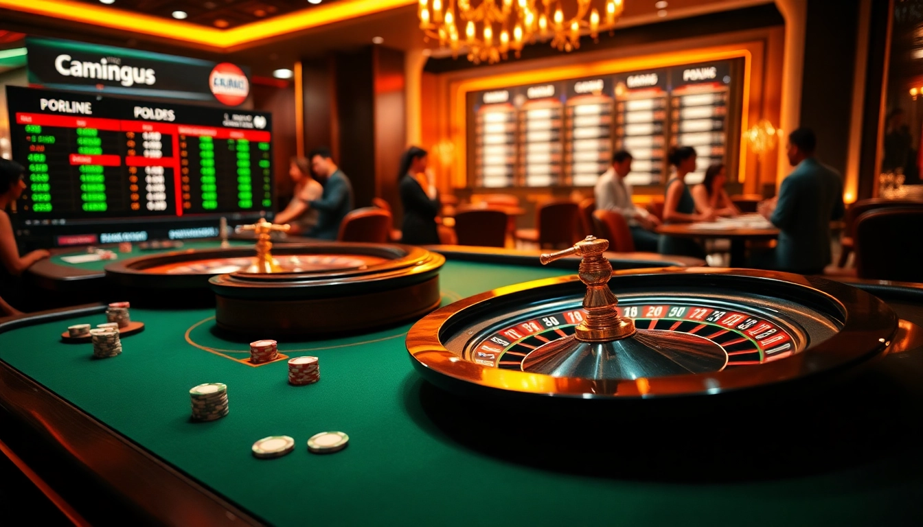 Kèo nhà cái displayed on a vibrant casino scene with a poker table, roulette wheel, and lively players.
