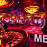 Experience the excitement of MB66 at a lively casino, where players engage with roulette and poker games.