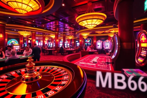 Experience the excitement of MB66 at a lively casino, where players engage with roulette and poker games.