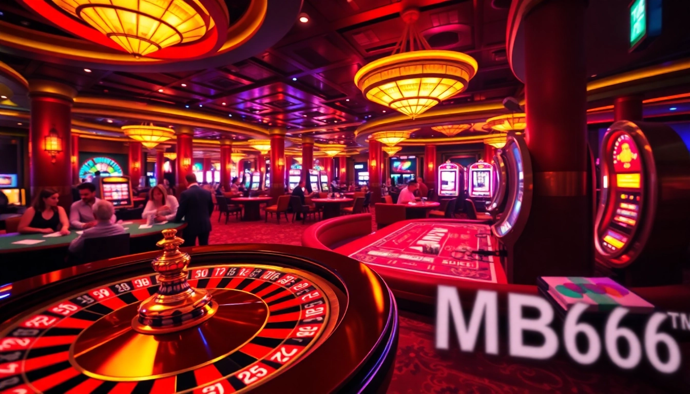 Experience the excitement of MB66 at a lively casino, where players engage with roulette and poker games.