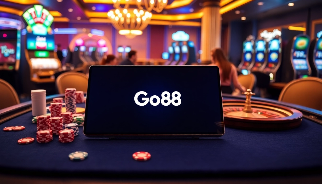Engaging casino scene showcasing the Go88 platform with vibrant poker chips and roulette wheel.