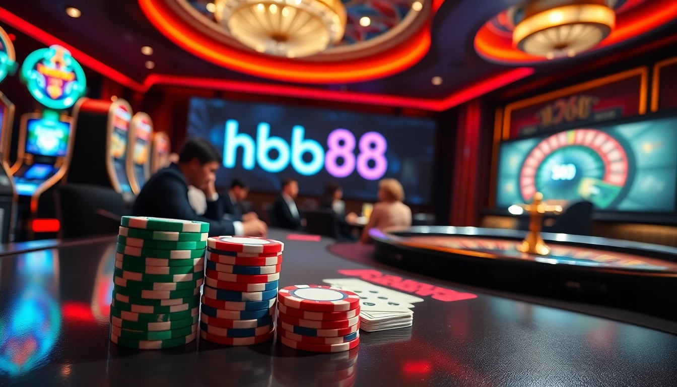 Players engage in high-stakes poker at a luxury table set with colorful chips at hb88 casino.