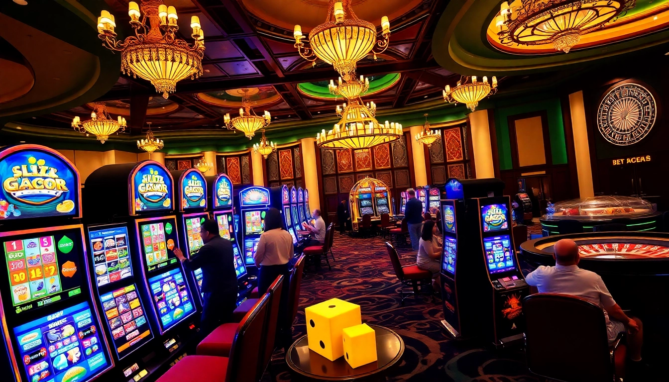 Players enjoying Slot Gacor machines in a luxurious casino setting filled with excitement and vibrant colors.