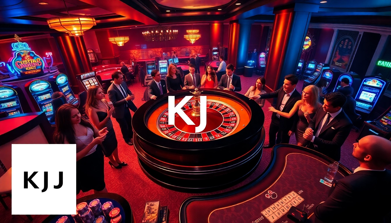 KJC players enjoying their time at a luxurious casino with roulette and poker tables.
