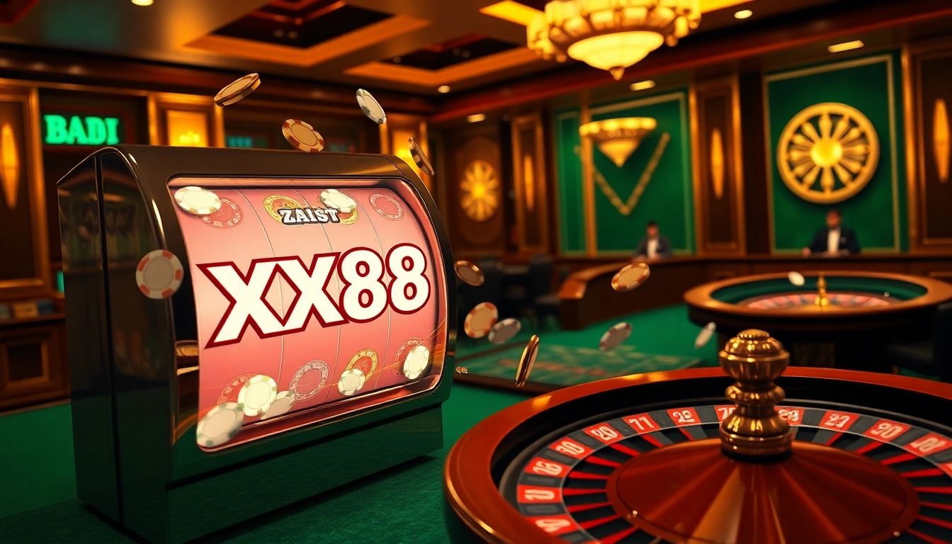 Play exciting slots at XX88's vibrant online casino, featuring vibrant slot machines and poker chips.