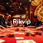 Professional players at a poker table experience the excitement of gambling at Rikvip casino.