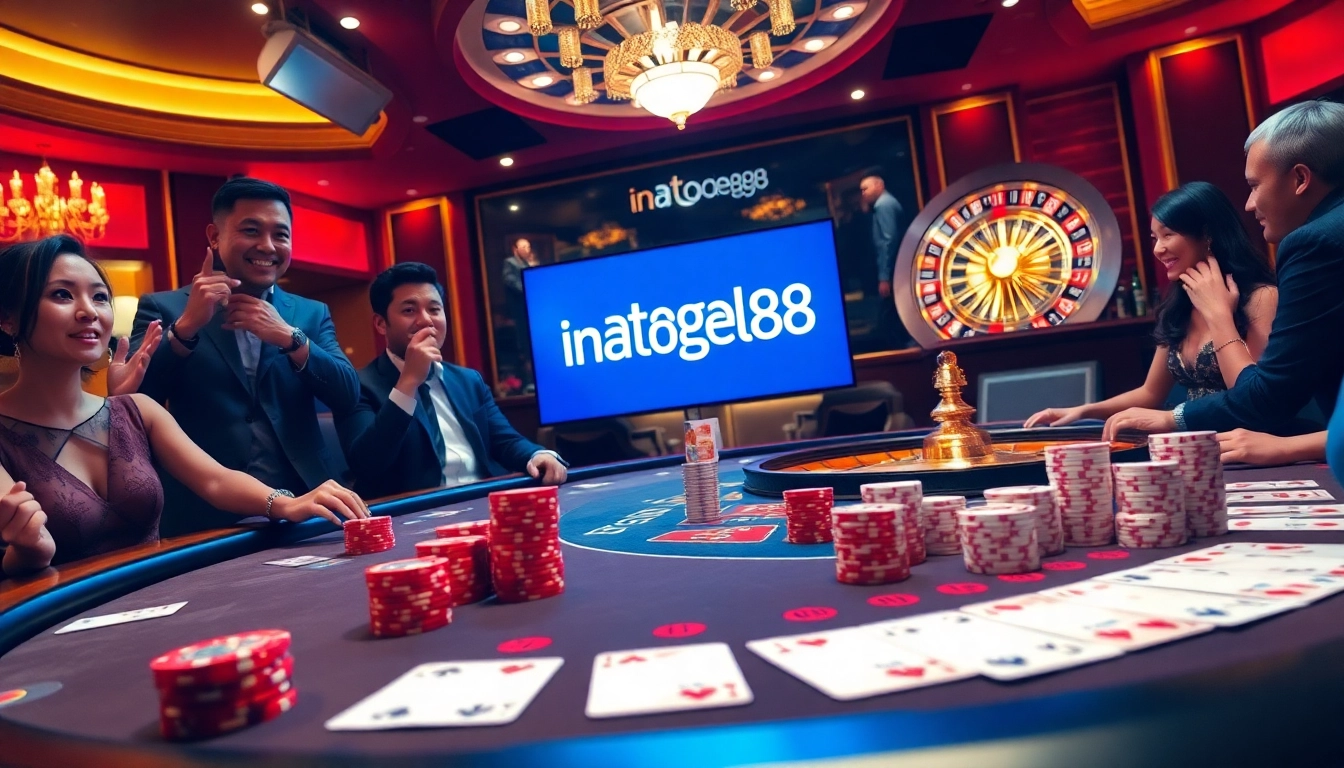 Vibrant casino scene showcasing poker games and Inatogel88 branding for immersive online experience.