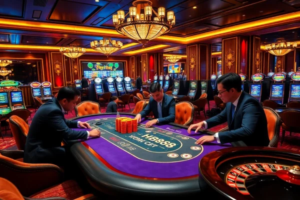 Players enjoying high-stakes poker at an HB88-themed casino table with vibrant chips.