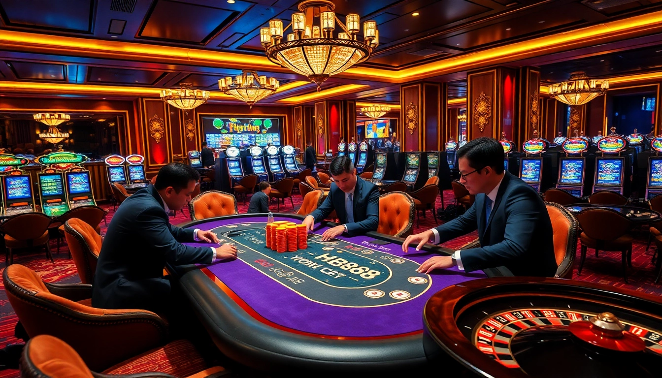Players enjoying high-stakes poker at an HB88-themed casino table with vibrant chips.