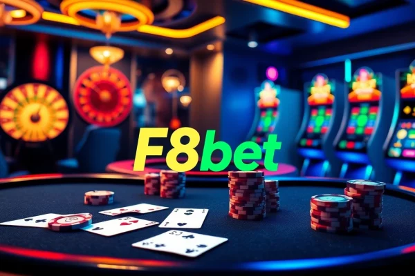 F8bet's exciting digital casino scene featuring poker chips, cards, and a roulette wheel.