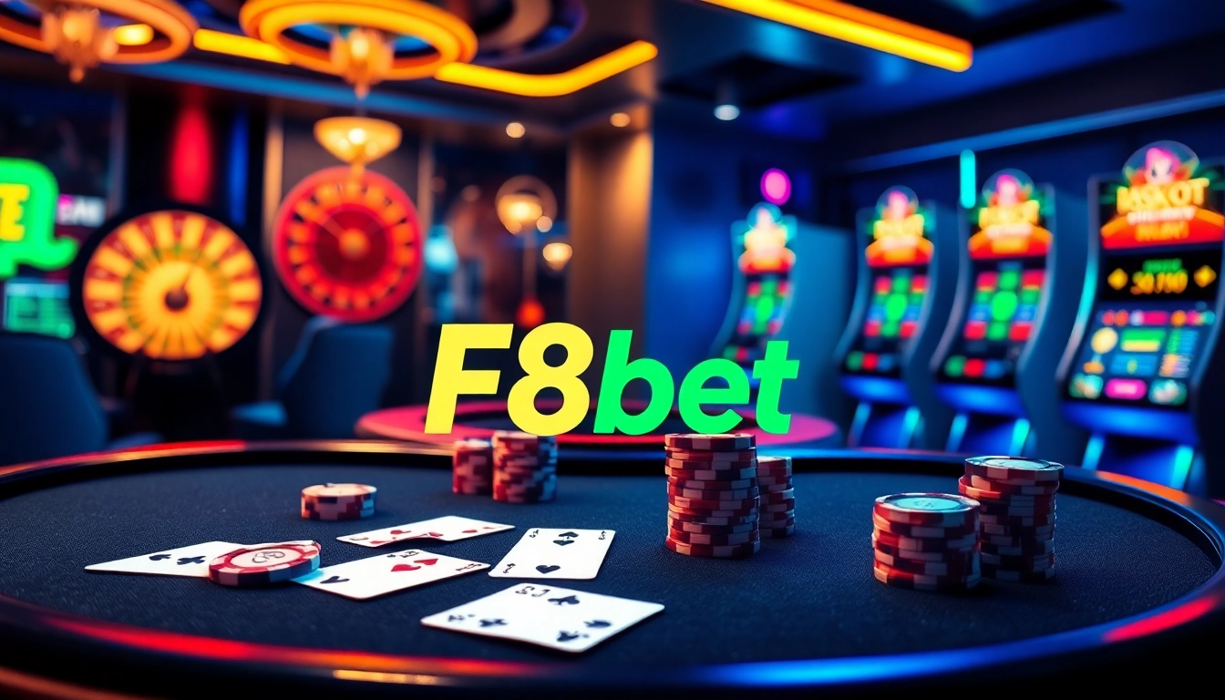 F8bet's exciting digital casino scene featuring poker chips, cards, and a roulette wheel.