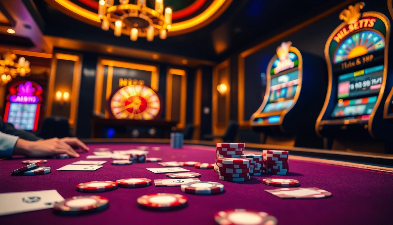 Hi88 casino scene showcasing poker chips and cards in an exciting gambling environment.