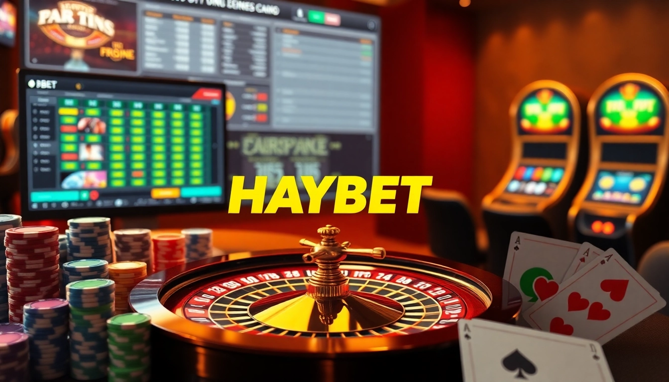 Experience the thrill of betting with HAYBET's luxurious casino scene filled with roulette wheels and poker chips.