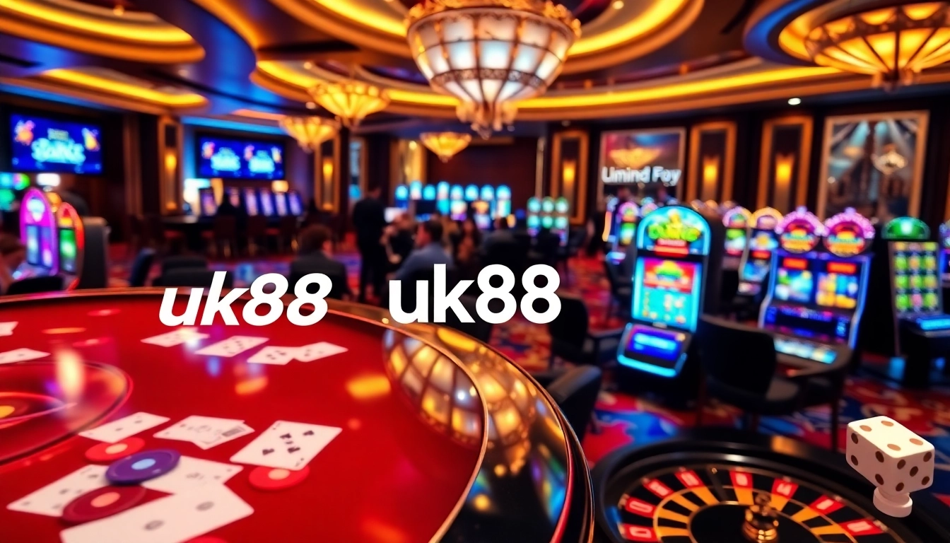 Betting interface with uk88 logo and exciting casino games in a luxurious setting.