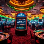 Casino gamers enjoying JURAGAN77 slots with vibrant atmosphere and luxury feel.
