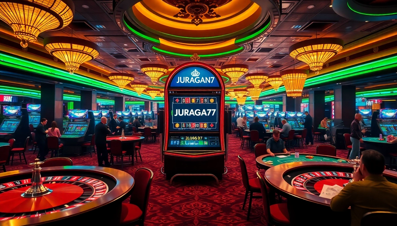 Casino gamers enjoying JURAGAN77 slots with vibrant atmosphere and luxury feel.