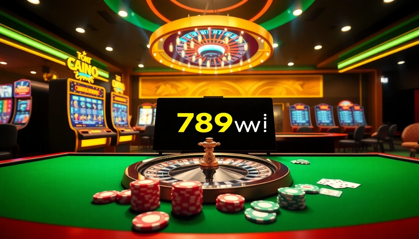 Experience thrilling games at 789win, featuring exciting slot machines and poker chips.