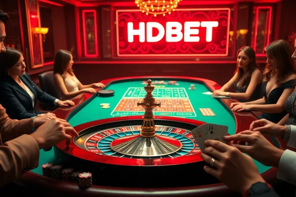 Players excitedly enjoying their bets at a luxurious HDBET casino roulette table.
