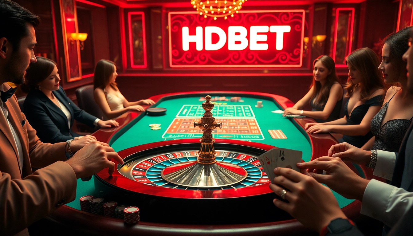 Players excitedly enjoying their bets at a luxurious HDBET casino roulette table.