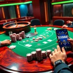 Experience the thrilling action of poker at XX88's luxurious casino tables with vibrant chips and cards.