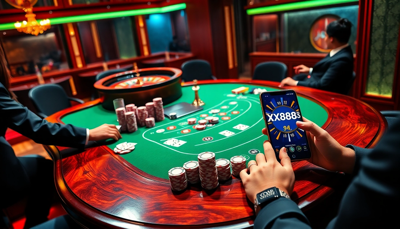 Experience the thrilling action of poker at XX88's luxurious casino tables with vibrant chips and cards.