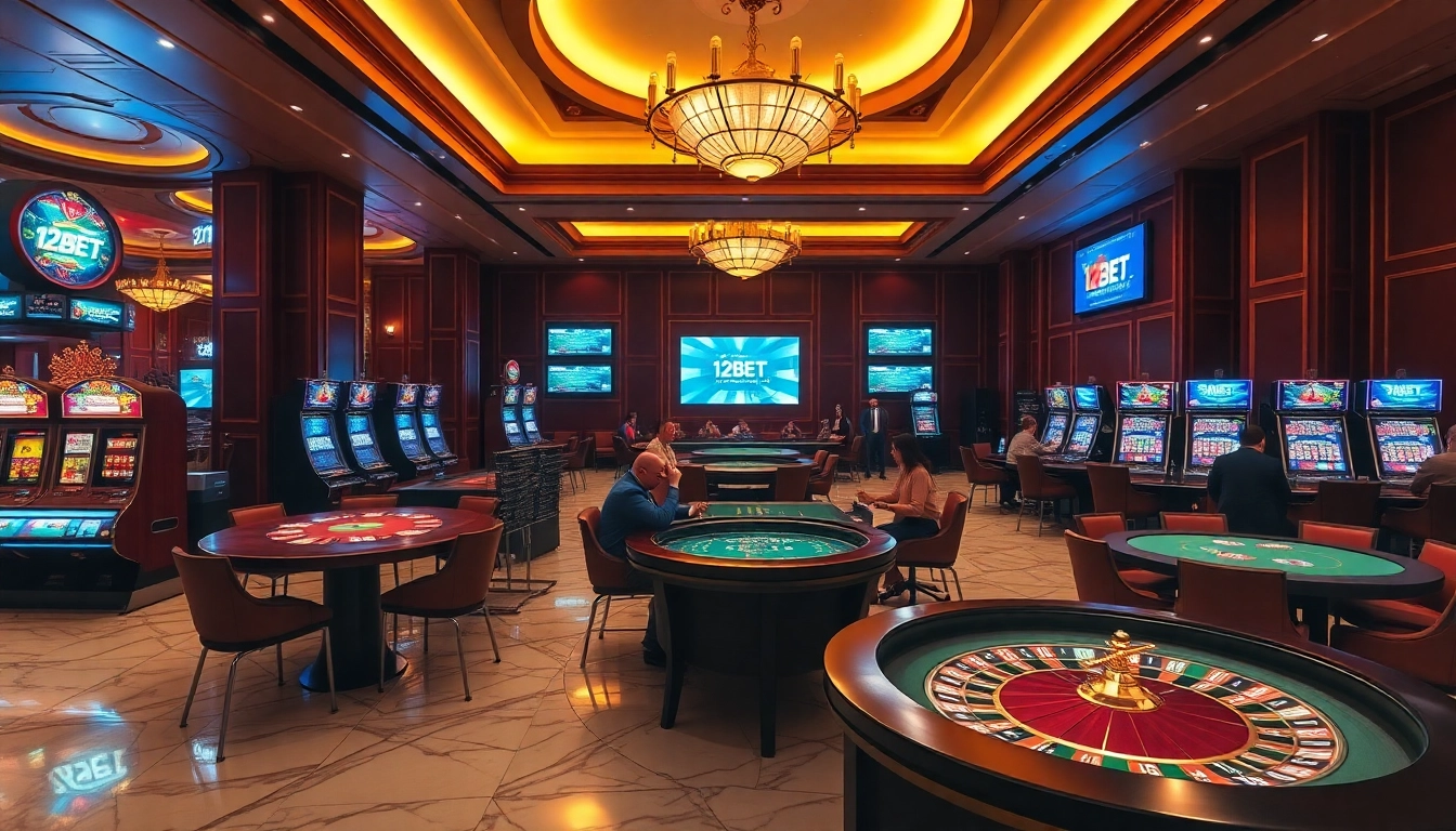 Players enthusiastically engaging in games at a luxurious 12BET casino, highlighting excitement and professionalism.