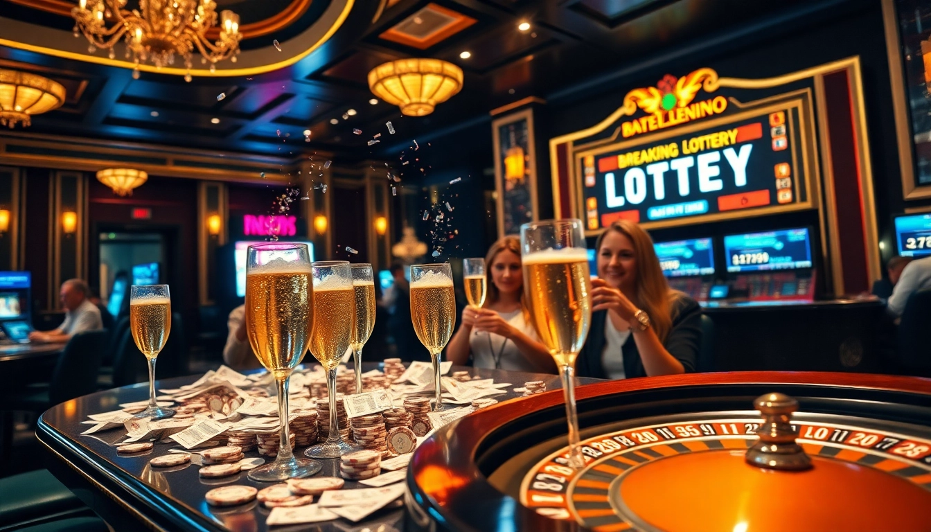 Celebration of the explosion of a prize-winning lottery at a luxurious casino scene.