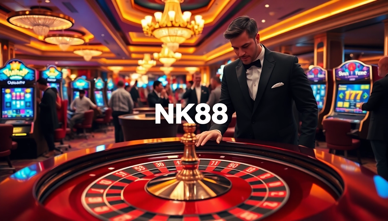 Engaging players at NK88's roulette table, highlighting the thrill of gambling.