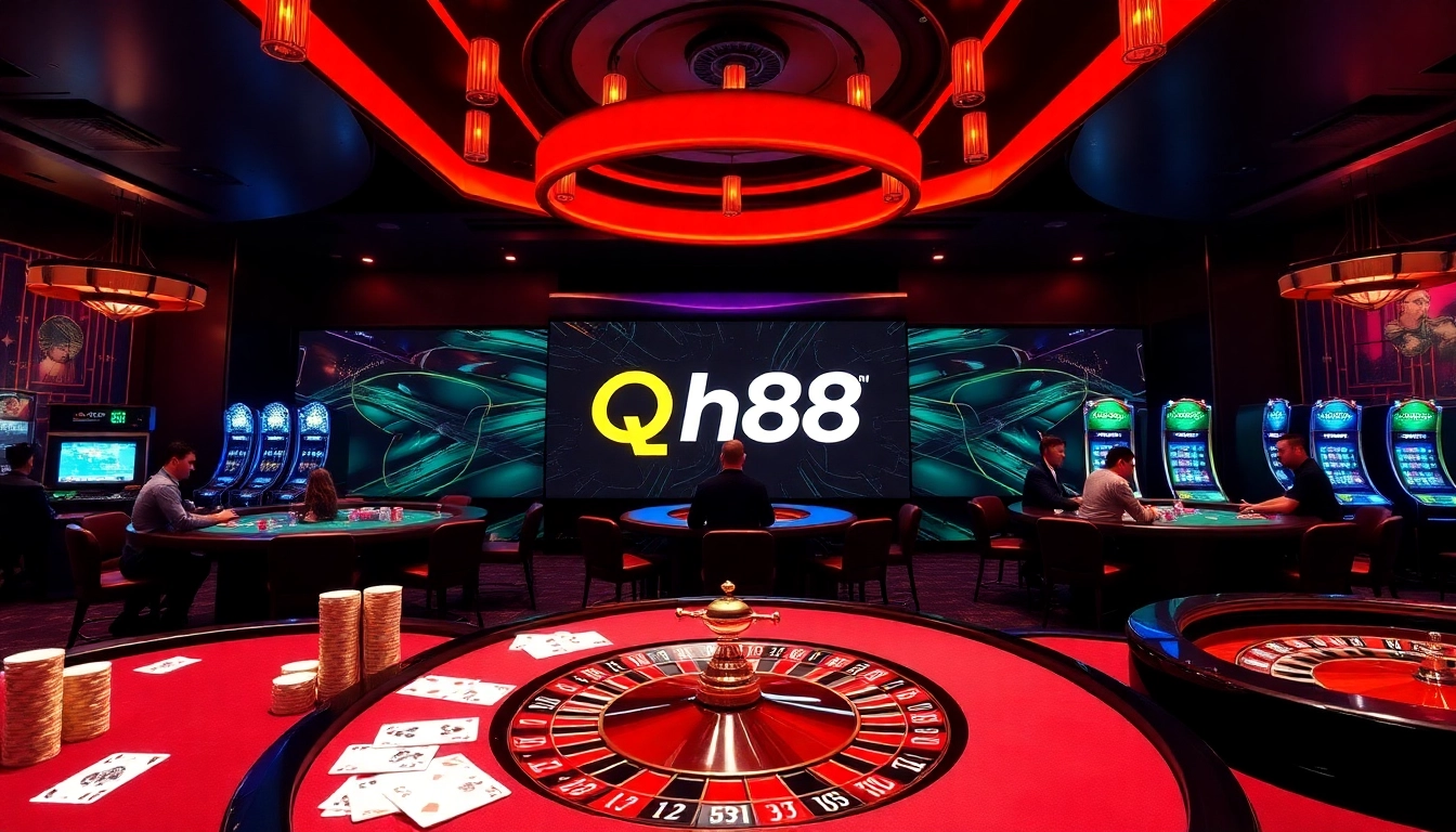 Exciting gambling action at qh88 casino with vibrant tables and slot machines.