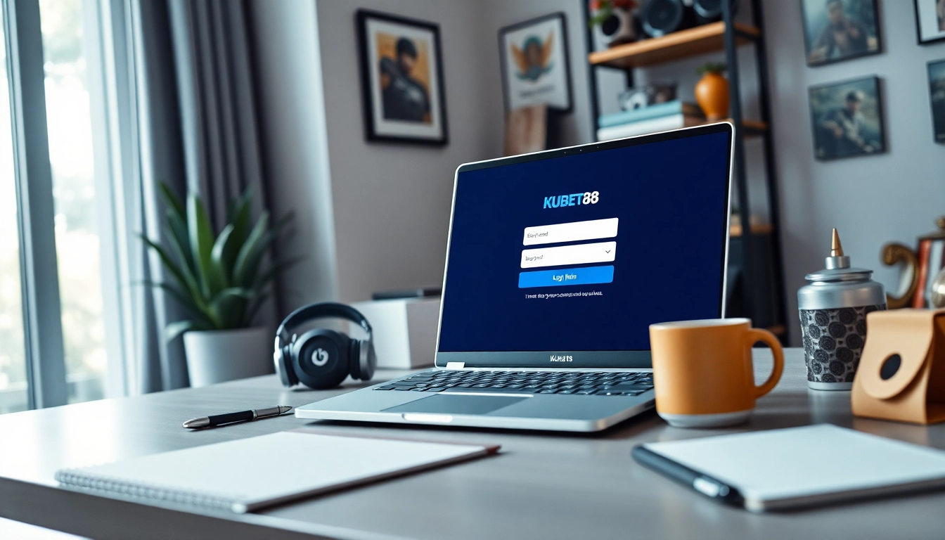 Login to KUBET88 from a stylish modern home office setting with a laptop displaying the login screen.