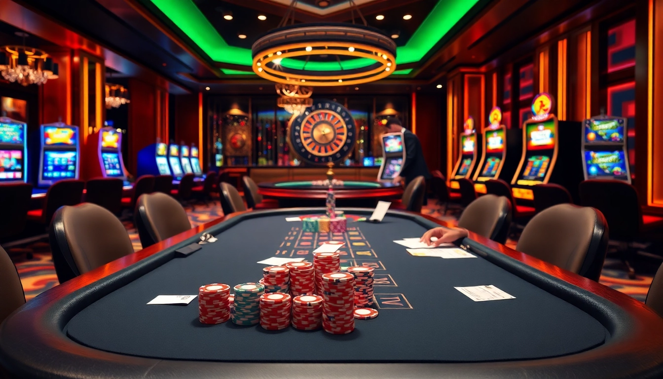 Experience situs toto excitement at a luxurious poker table with colorful chips and a spinning roulette wheel.