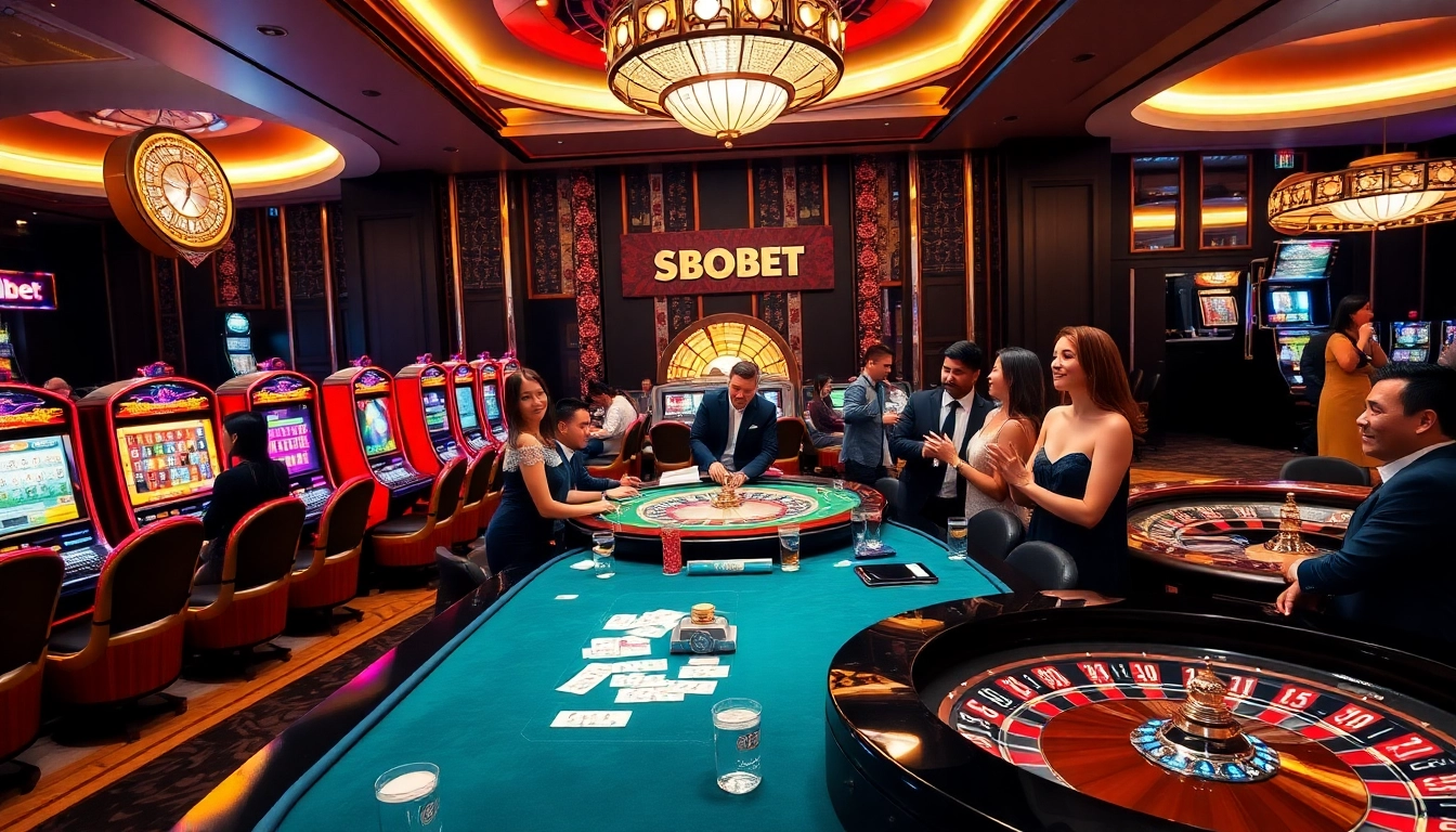 SBOBET poker players engaging in exciting games at a luxurious casino.