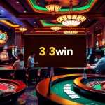 Experience the excitement of 33win with players at casino tables and a vibrant online gambling interface.