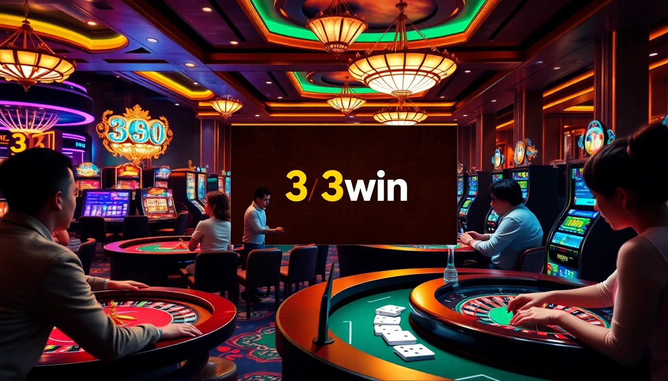 Experience the excitement of 33win with players at casino tables and a vibrant online gambling interface.