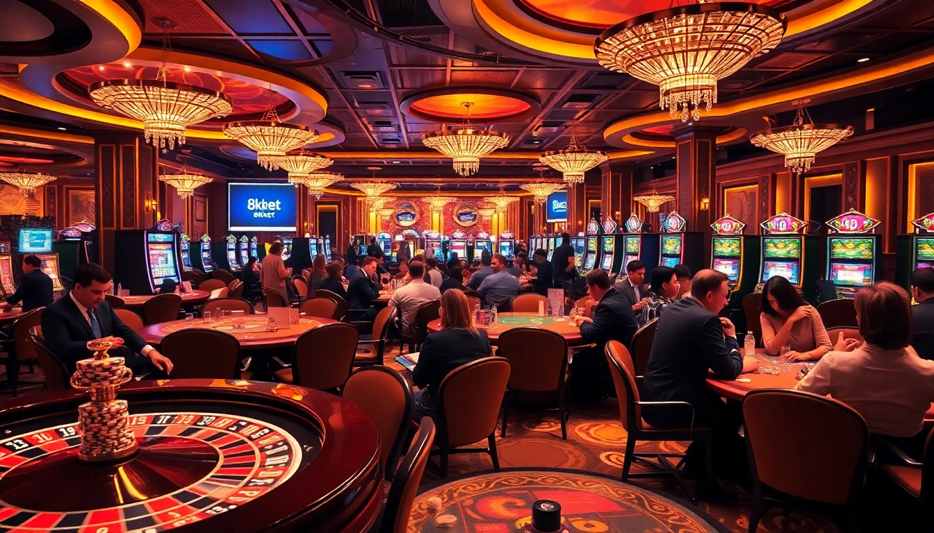 Exciting gambling atmosphere at 8kbet casino with diverse players at vibrant tables.