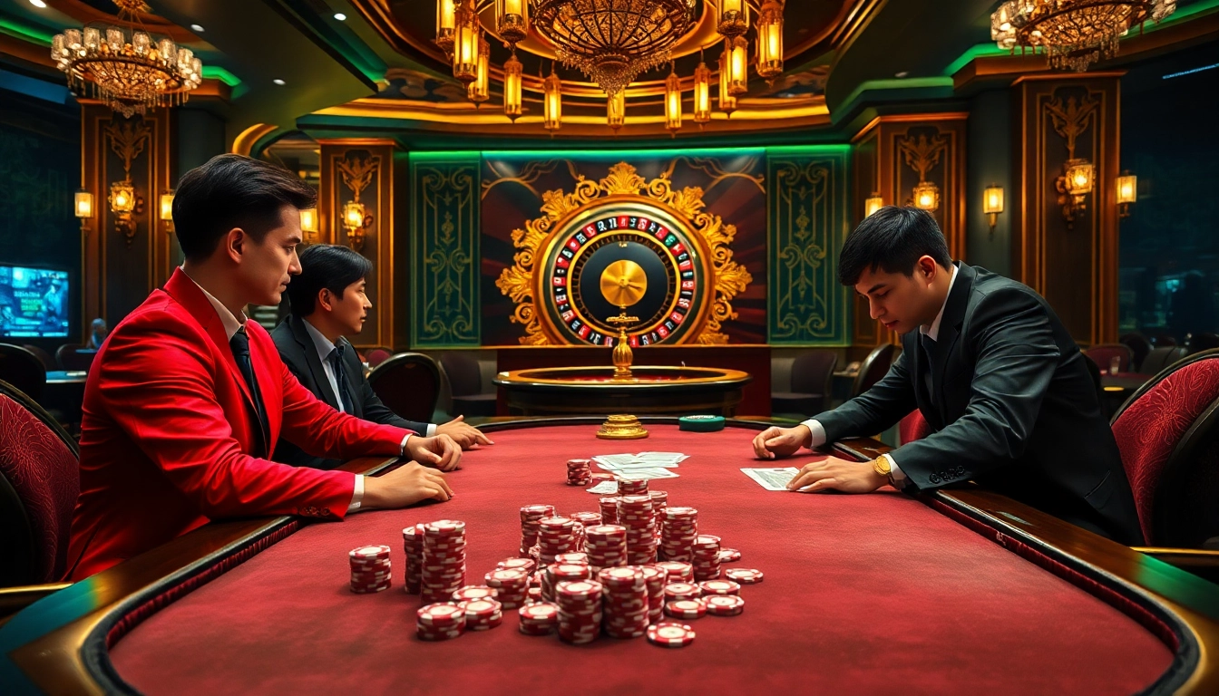 Players enjoying a thrilling poker night at KUWIN, surrounded by vibrant casino ambiance.