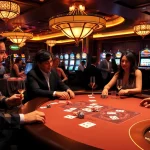 Engaging casino scene with PXJ-themed poker tables and vibrant slot machines.