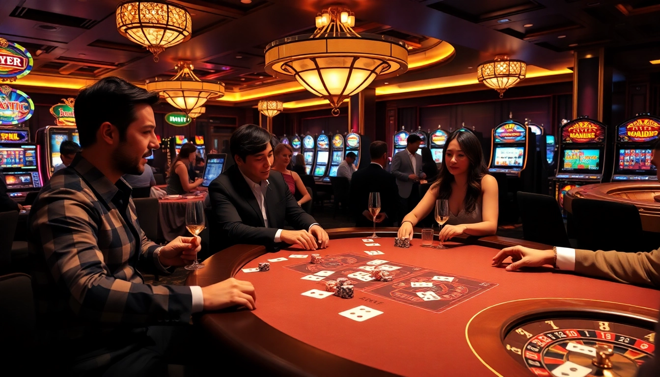 Engaging casino scene with PXJ-themed poker tables and vibrant slot machines.