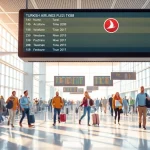 Travelers excitedly await Turkish Airlines flight tk88 in a vibrant airport scene.