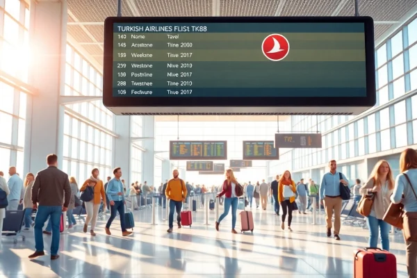 Travelers excitedly await Turkish Airlines flight tk88 in a vibrant airport scene.
