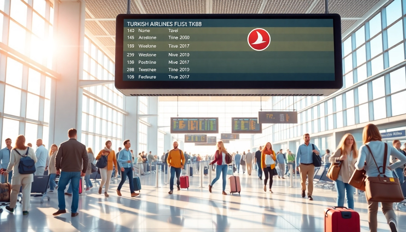 Travelers excitedly await Turkish Airlines flight tk88 in a vibrant airport scene.
