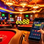 Excited players gambling in an elegant casino environment at ee88, featuring vibrant games and rich decor.