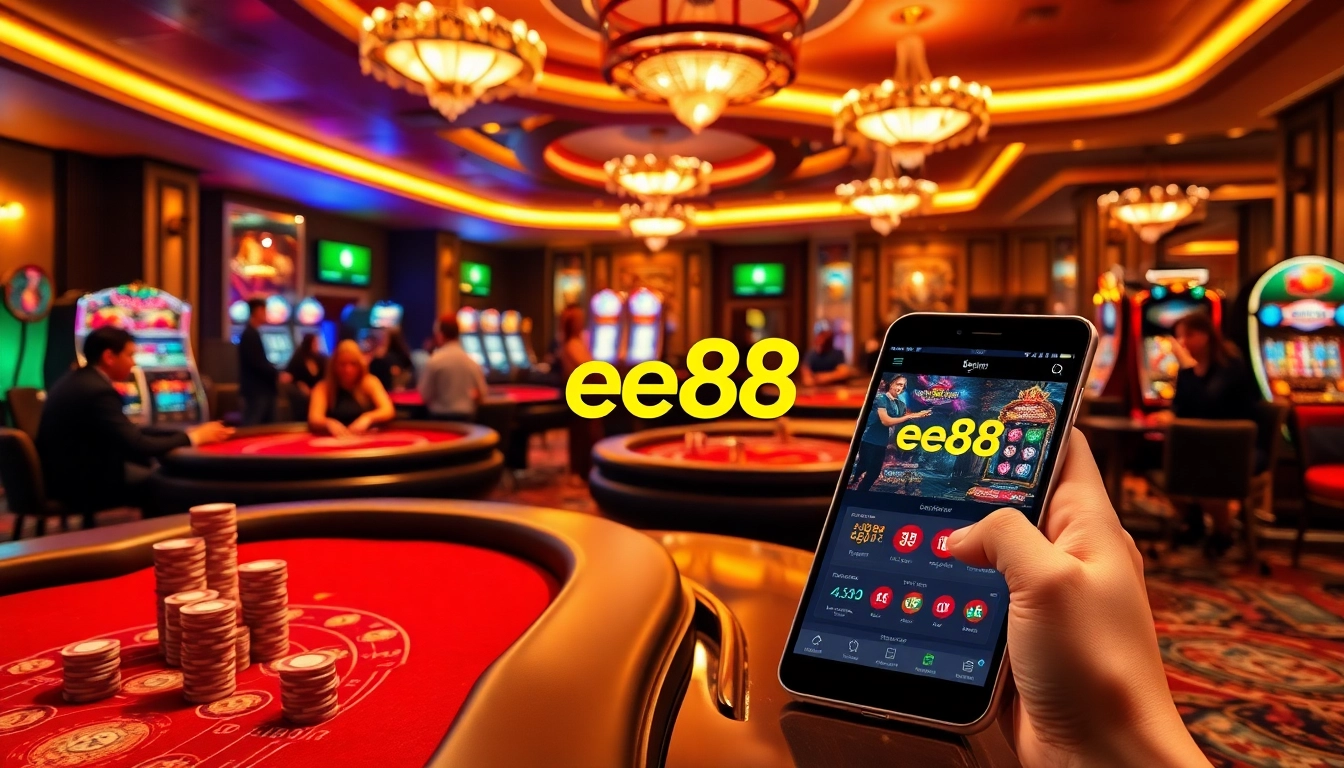 Excited players gambling in an elegant casino environment at ee88, featuring vibrant games and rich decor.