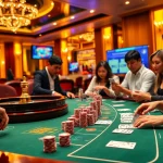 Gambling scene featuring keo nha cai odds on a digital display with poker chips and cards.