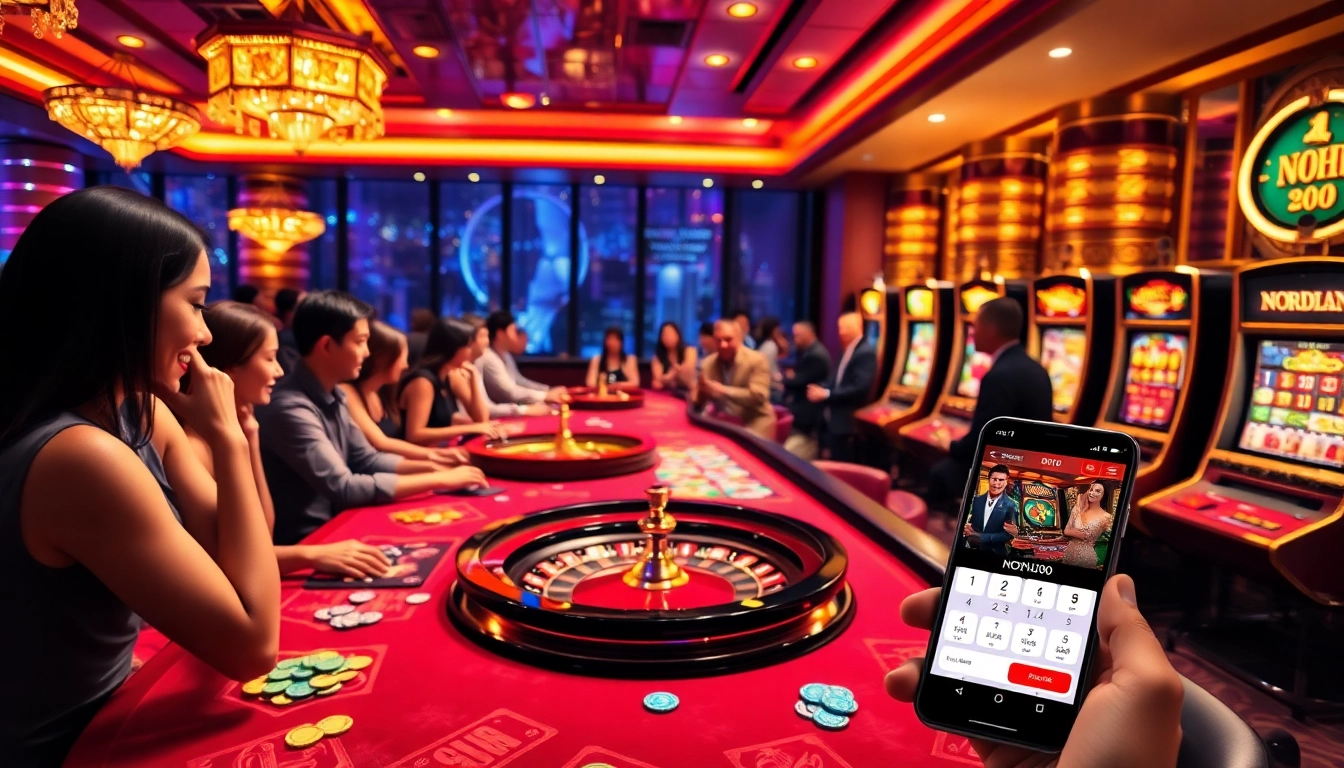 Players engaging in thrilling games at NOHU90 casino, showcasing vibrant slots and table games.
